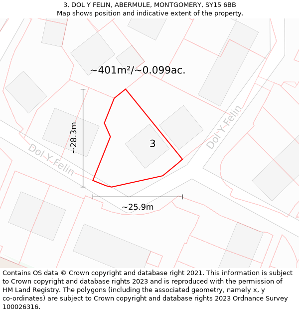 3, DOL Y FELIN, ABERMULE, MONTGOMERY, SY15 6BB: Plot and title map