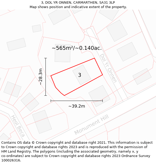 3, DOL YR ONNEN, CARMARTHEN, SA31 3LP: Plot and title map