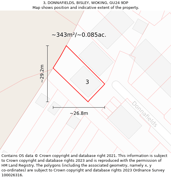 3, DONNAFIELDS, BISLEY, WOKING, GU24 9DP: Plot and title map