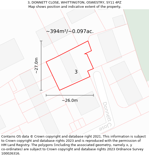 3, DONNETT CLOSE, WHITTINGTON, OSWESTRY, SY11 4PZ: Plot and title map