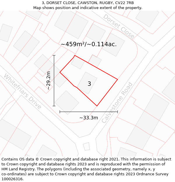 3, DORSET CLOSE, CAWSTON, RUGBY, CV22 7RB: Plot and title map