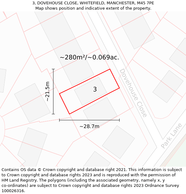 3, DOVEHOUSE CLOSE, WHITEFIELD, MANCHESTER, M45 7PE: Plot and title map