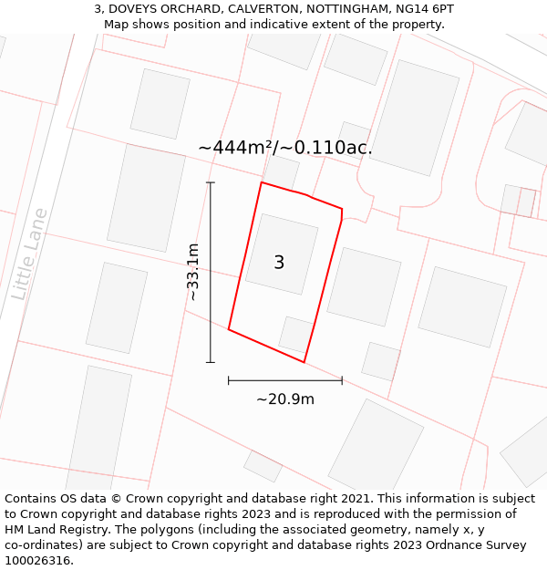 3, DOVEYS ORCHARD, CALVERTON, NOTTINGHAM, NG14 6PT: Plot and title map