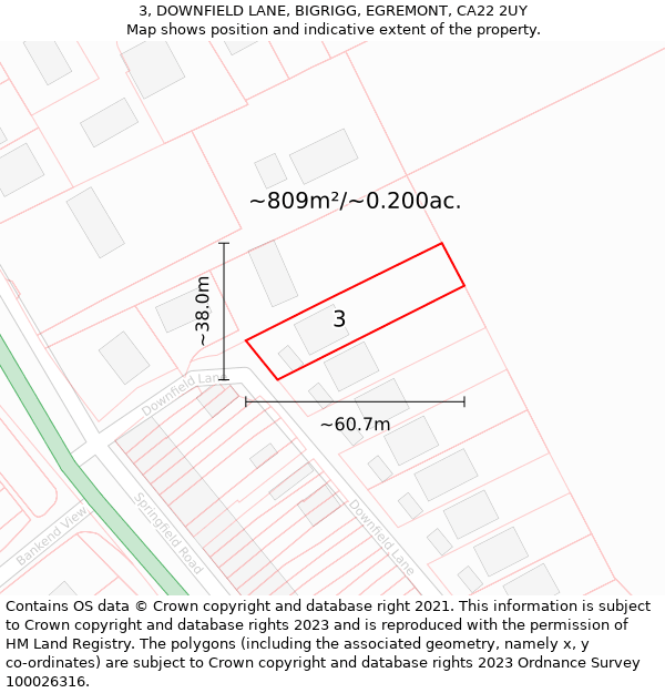 3, DOWNFIELD LANE, BIGRIGG, EGREMONT, CA22 2UY: Plot and title map