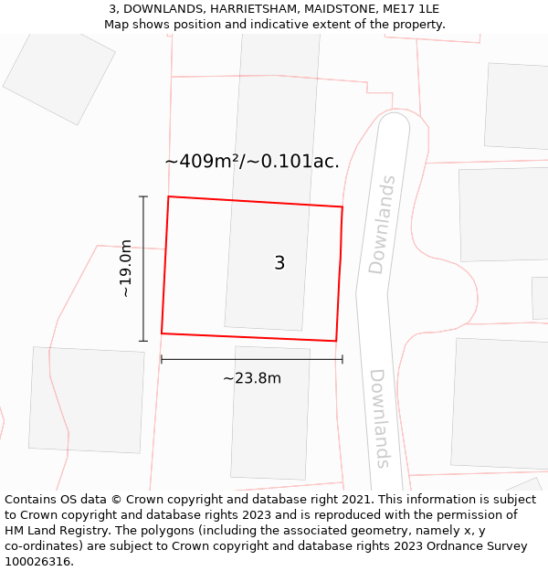 3, DOWNLANDS, HARRIETSHAM, MAIDSTONE, ME17 1LE: Plot and title map