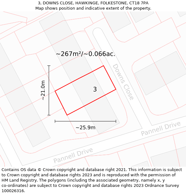 3, DOWNS CLOSE, HAWKINGE, FOLKESTONE, CT18 7PA: Plot and title map