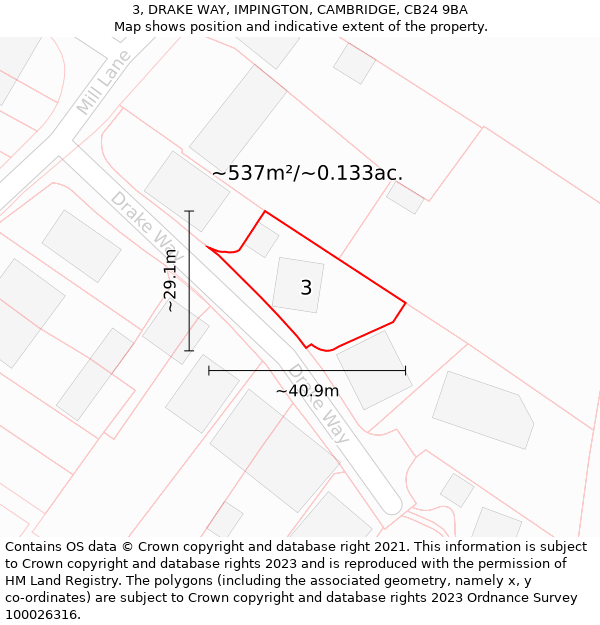 3, DRAKE WAY, IMPINGTON, CAMBRIDGE, CB24 9BA: Plot and title map