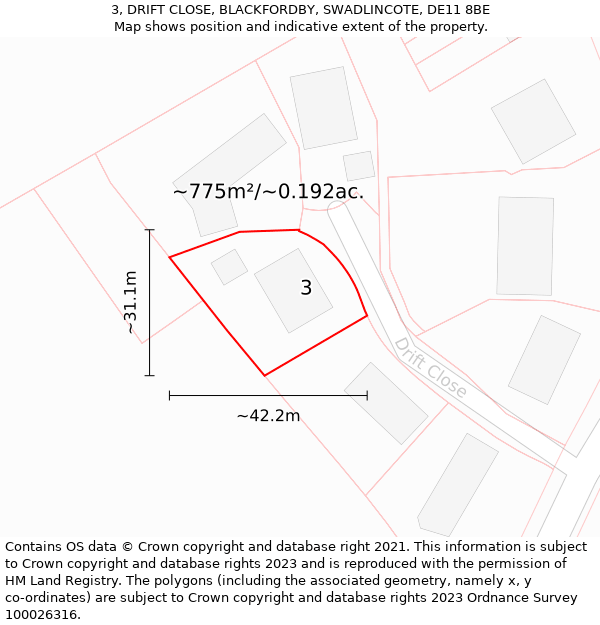 3, DRIFT CLOSE, BLACKFORDBY, SWADLINCOTE, DE11 8BE: Plot and title map