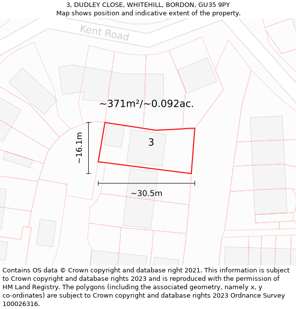 3, DUDLEY CLOSE, WHITEHILL, BORDON, GU35 9PY: Plot and title map