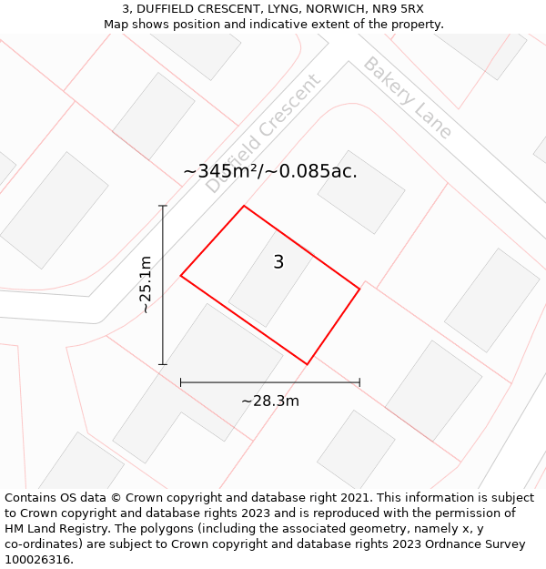 3, DUFFIELD CRESCENT, LYNG, NORWICH, NR9 5RX: Plot and title map