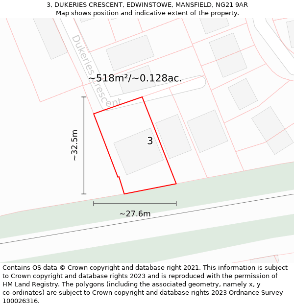 3, DUKERIES CRESCENT, EDWINSTOWE, MANSFIELD, NG21 9AR: Plot and title map