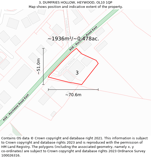 3, DUMFRIES HOLLOW, HEYWOOD, OL10 1QP: Plot and title map
