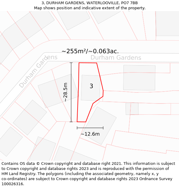 3, DURHAM GARDENS, WATERLOOVILLE, PO7 7BB: Plot and title map