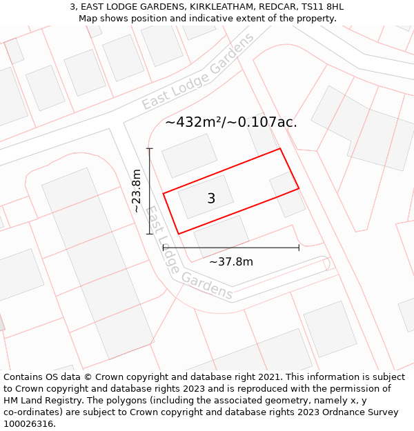 3, EAST LODGE GARDENS, KIRKLEATHAM, REDCAR, TS11 8HL: Plot and title map