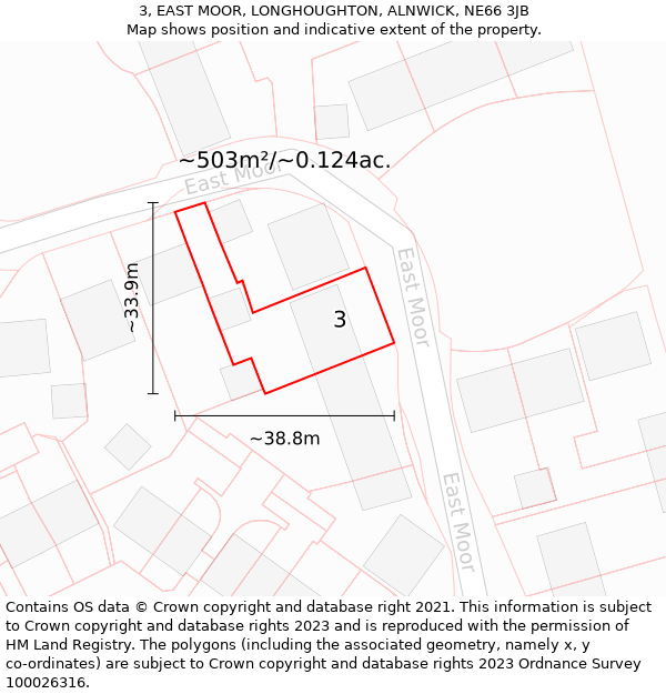 3, EAST MOOR, LONGHOUGHTON, ALNWICK, NE66 3JB: Plot and title map