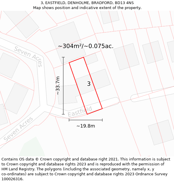 3, EASTFIELD, DENHOLME, BRADFORD, BD13 4NS: Plot and title map