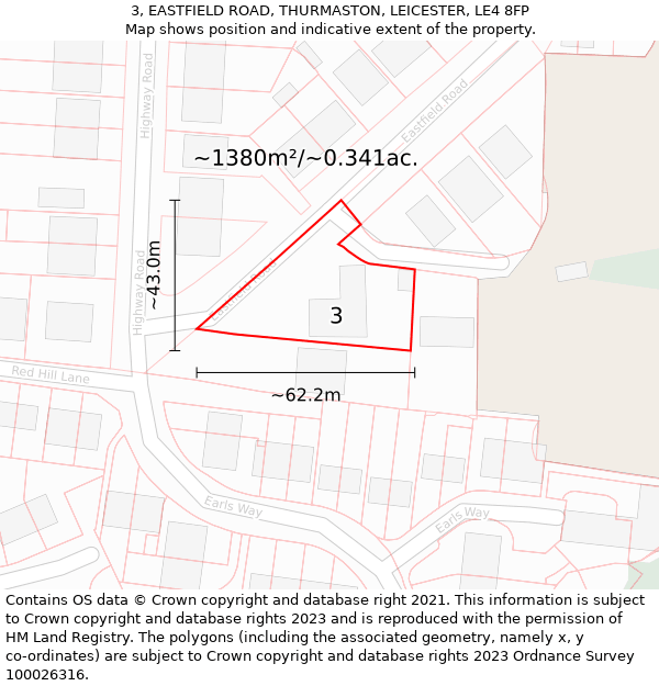 3, EASTFIELD ROAD, THURMASTON, LEICESTER, LE4 8FP: Plot and title map