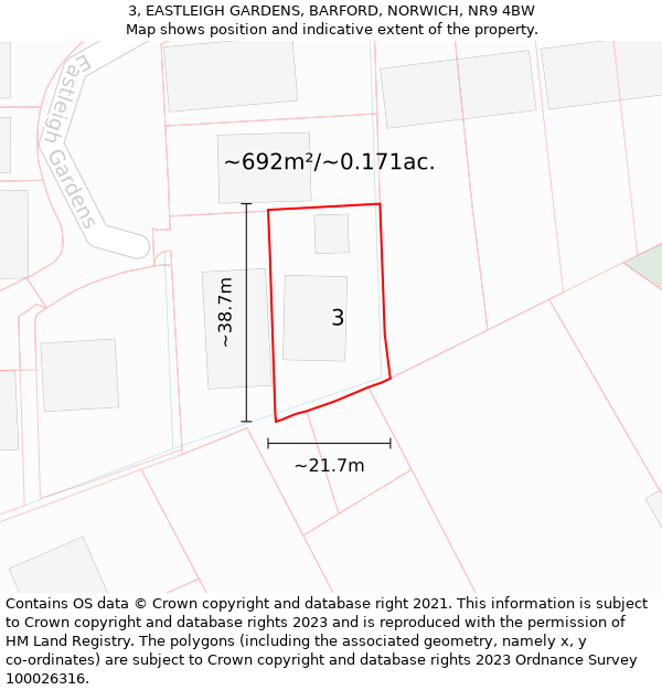 3, EASTLEIGH GARDENS, BARFORD, NORWICH, NR9 4BW: Plot and title map