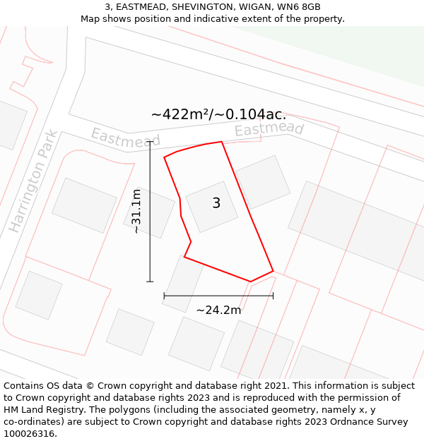 3, EASTMEAD, SHEVINGTON, WIGAN, WN6 8GB: Plot and title map