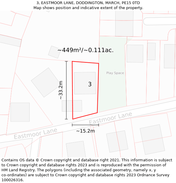 3, EASTMOOR LANE, DODDINGTON, MARCH, PE15 0TD: Plot and title map