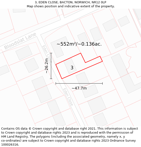 3, EDEN CLOSE, BACTON, NORWICH, NR12 0LP: Plot and title map