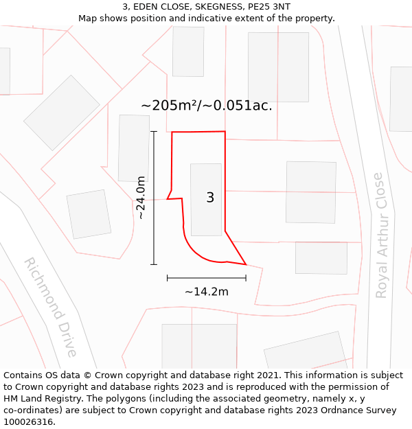 3, EDEN CLOSE, SKEGNESS, PE25 3NT: Plot and title map