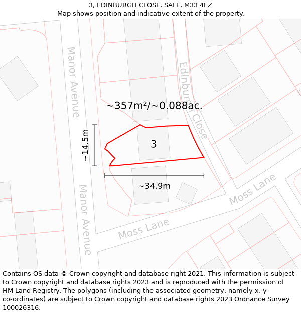 3, EDINBURGH CLOSE, SALE, M33 4EZ: Plot and title map