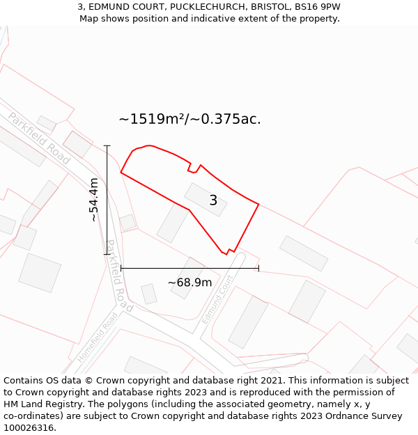 3, EDMUND COURT, PUCKLECHURCH, BRISTOL, BS16 9PW: Plot and title map