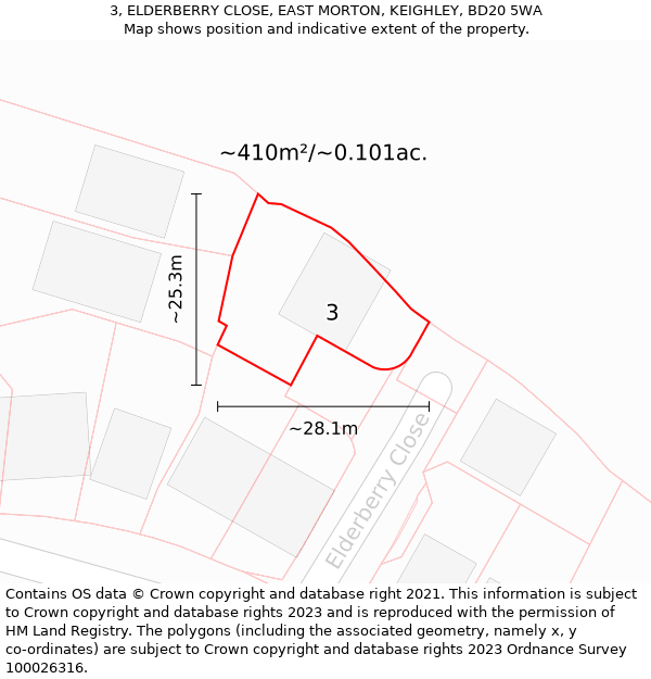 3, ELDERBERRY CLOSE, EAST MORTON, KEIGHLEY, BD20 5WA: Plot and title map