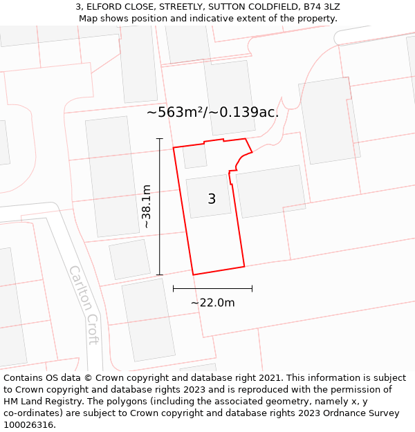 3, ELFORD CLOSE, STREETLY, SUTTON COLDFIELD, B74 3LZ: Plot and title map