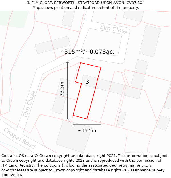 3, ELM CLOSE, PEBWORTH, STRATFORD-UPON-AVON, CV37 8XL: Plot and title map