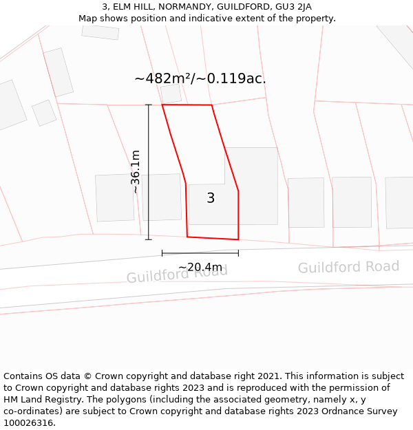 3, ELM HILL, NORMANDY, GUILDFORD, GU3 2JA: Plot and title map