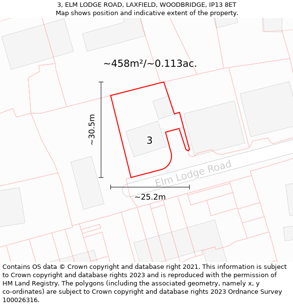 3, ELM LODGE ROAD, LAXFIELD, WOODBRIDGE, IP13 8ET: Plot and title map