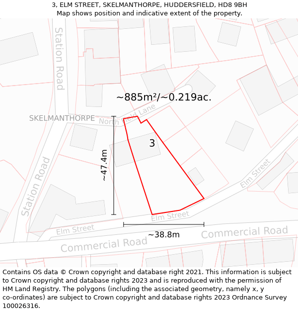 3, ELM STREET, SKELMANTHORPE, HUDDERSFIELD, HD8 9BH: Plot and title map