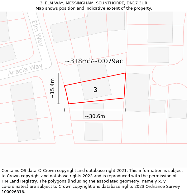 3, ELM WAY, MESSINGHAM, SCUNTHORPE, DN17 3UR: Plot and title map