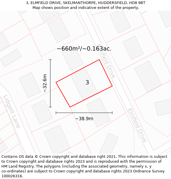 3, ELMFIELD DRIVE, SKELMANTHORPE, HUDDERSFIELD, HD8 9BT: Plot and title map
