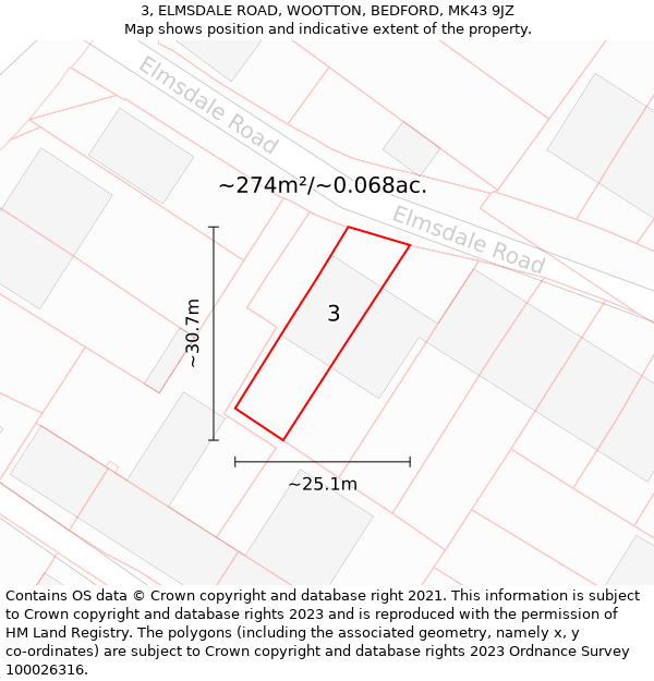 3, ELMSDALE ROAD, WOOTTON, BEDFORD, MK43 9JZ: Plot and title map