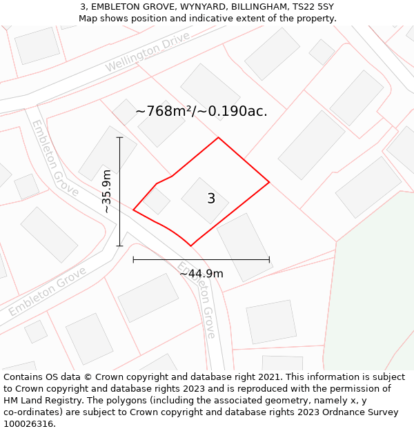 3, EMBLETON GROVE, WYNYARD, BILLINGHAM, TS22 5SY: Plot and title map