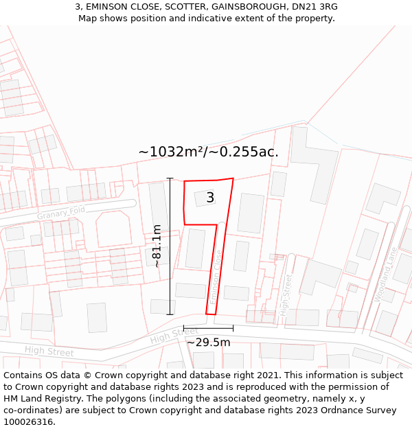 3, EMINSON CLOSE, SCOTTER, GAINSBOROUGH, DN21 3RG: Plot and title map