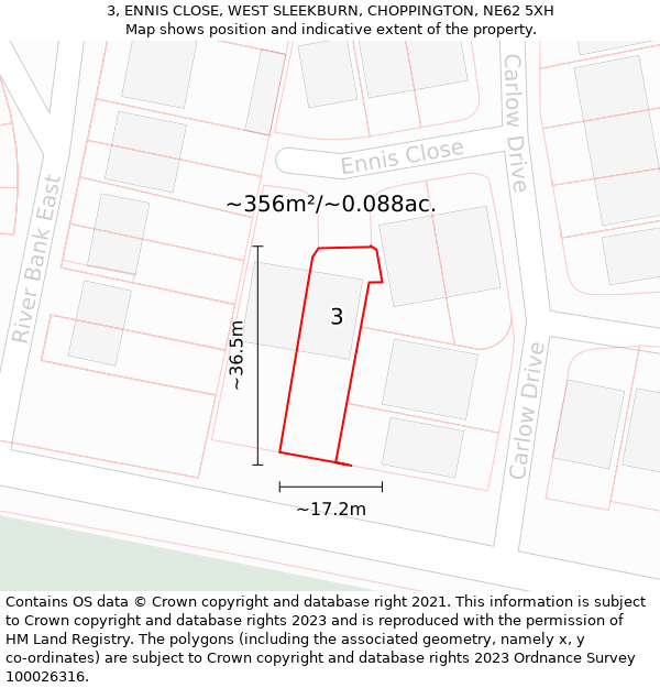 3, ENNIS CLOSE, WEST SLEEKBURN, CHOPPINGTON, NE62 5XH: Plot and title map