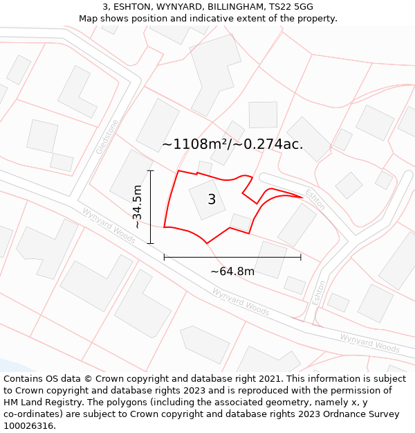 3, ESHTON, WYNYARD, BILLINGHAM, TS22 5GG: Plot and title map
