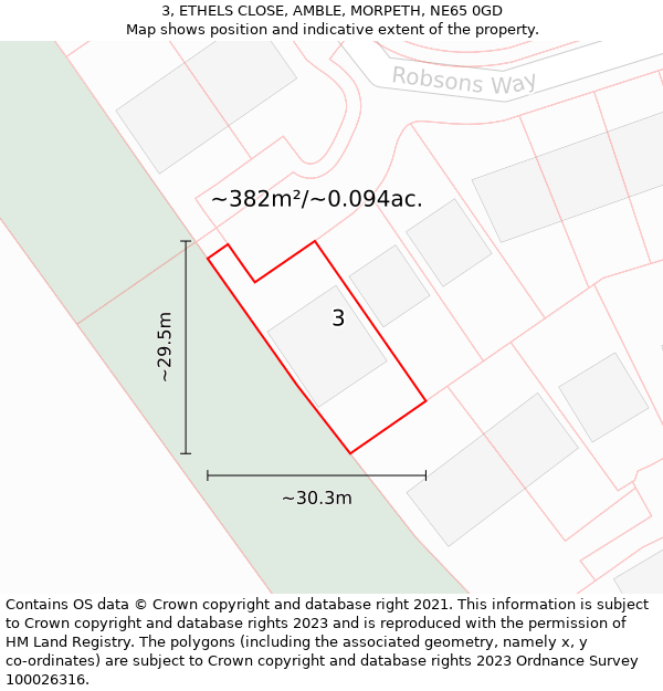 3, ETHELS CLOSE, AMBLE, MORPETH, NE65 0GD: Plot and title map