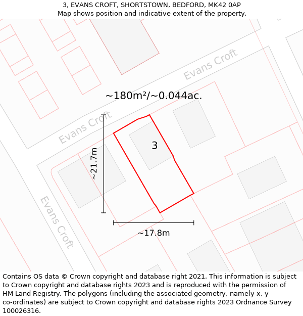 3, EVANS CROFT, SHORTSTOWN, BEDFORD, MK42 0AP: Plot and title map