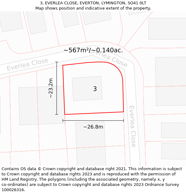 3, EVERLEA CLOSE, EVERTON, LYMINGTON, SO41 0LT: Plot and title map