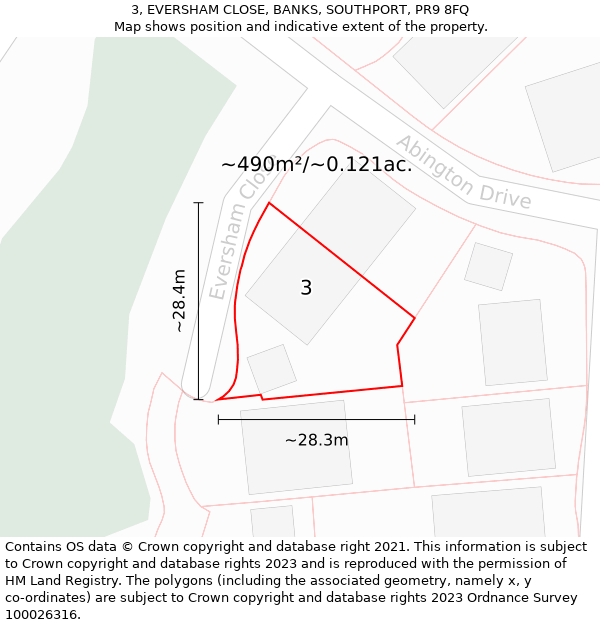 3, EVERSHAM CLOSE, BANKS, SOUTHPORT, PR9 8FQ: Plot and title map