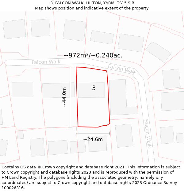 3, FALCON WALK, HILTON, YARM, TS15 9JB: Plot and title map