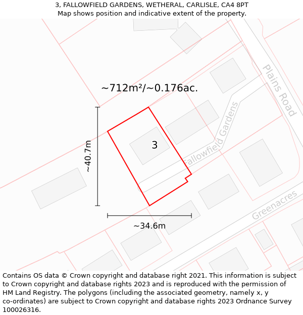 3, FALLOWFIELD GARDENS, WETHERAL, CARLISLE, CA4 8PT: Plot and title map