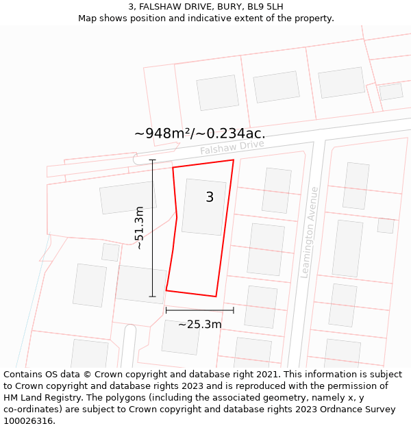 3, FALSHAW DRIVE, BURY, BL9 5LH: Plot and title map