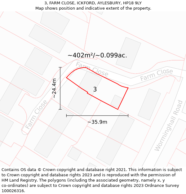 3, FARM CLOSE, ICKFORD, AYLESBURY, HP18 9LY: Plot and title map