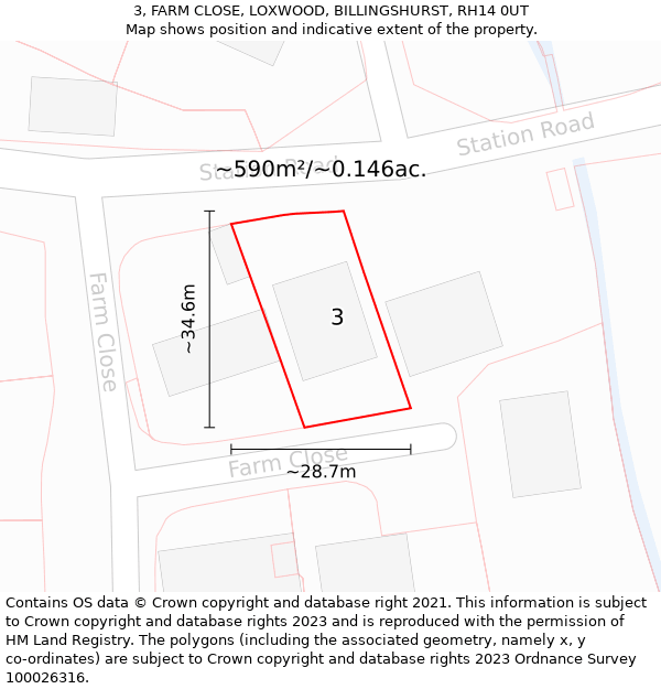 3, FARM CLOSE, LOXWOOD, BILLINGSHURST, RH14 0UT: Plot and title map